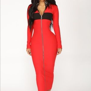 Long midi color block zipper red dress